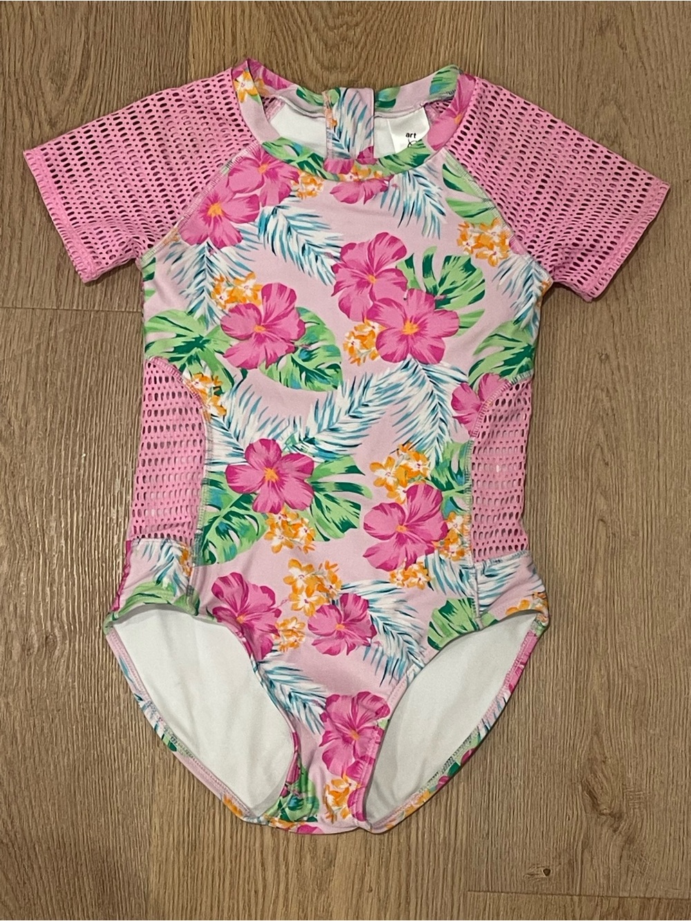 Girls Pink Floral Short-Sleeve Rash Guard One-Piece Swimsuit 10/12